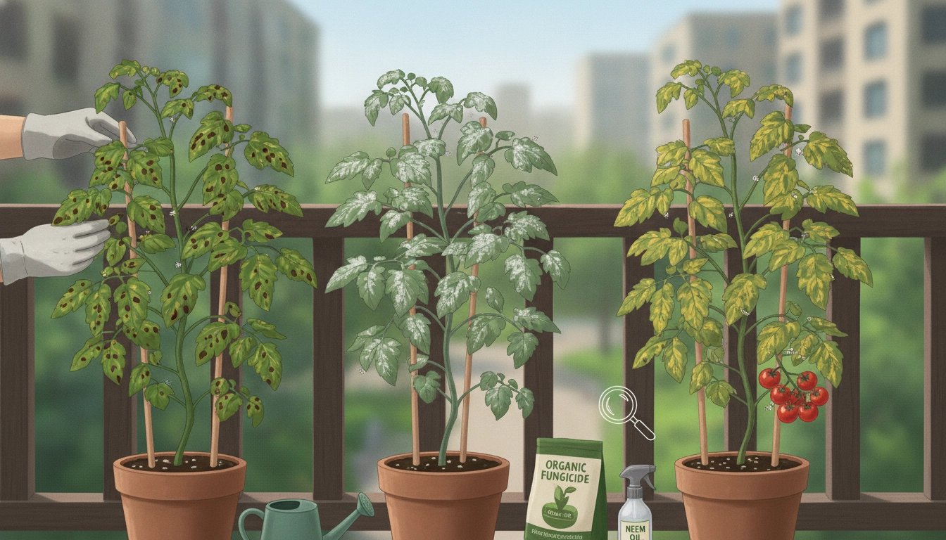 Un plant de tomate cerise en bonne santé sur un balcon fleuri