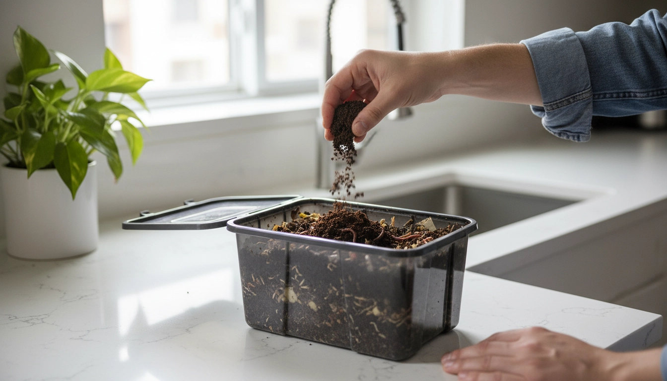 Marc de café versé dans un composteur d'appartement illustrant les bénéfices du marc de café compost appartement bénéfices pour un foyer urbain
