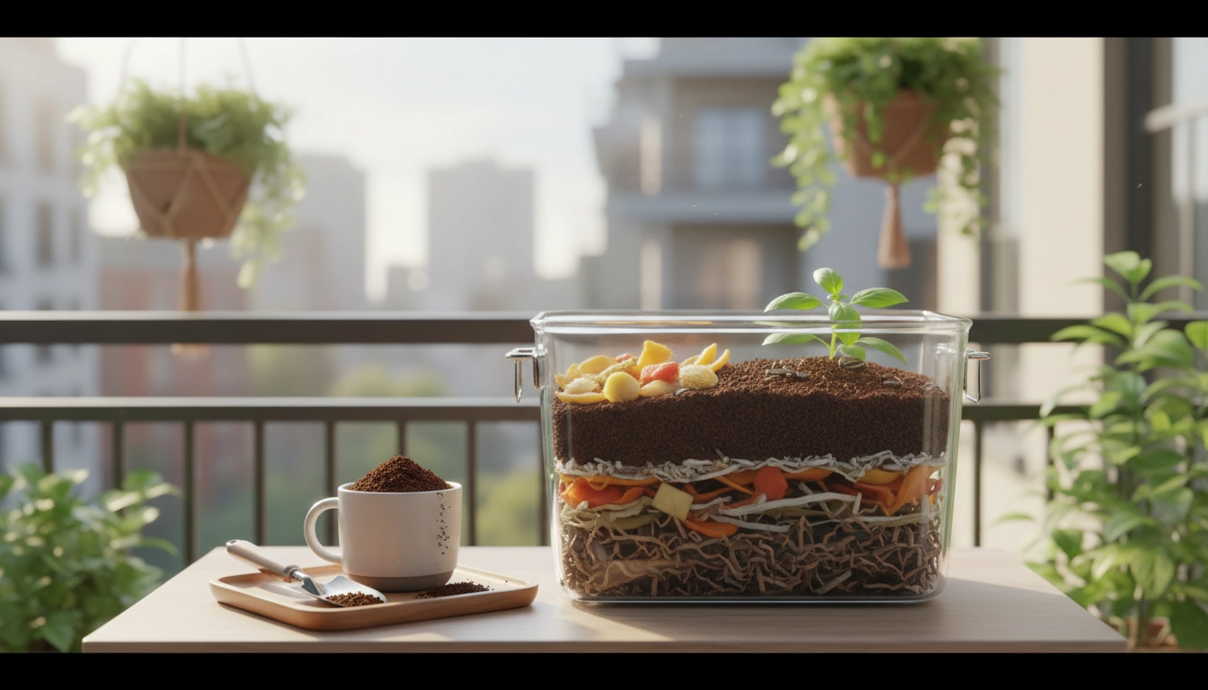 Marc de café dans un bac de compost d'appartement, illustration des bénéfices pour le compostage urbain