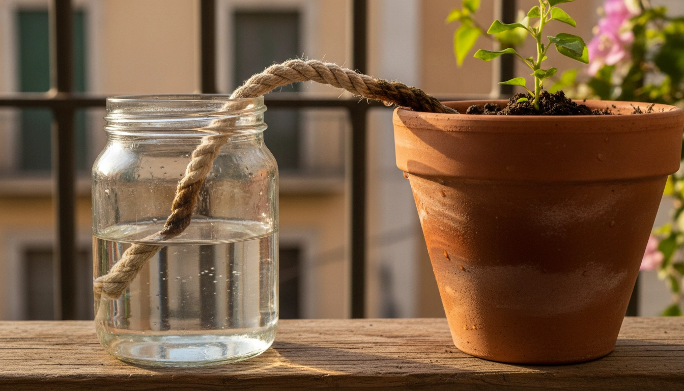 Installation d'une mèche coton arrosage passif pot plante balcon pour une hydratation optimale