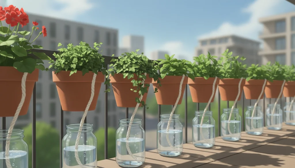 Installation d'une mèche coton arrosage passif pot plante balcon sur une terrasse