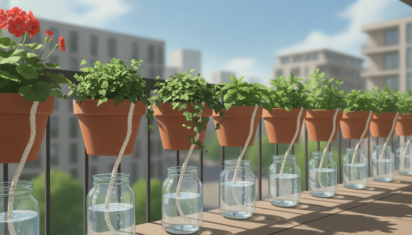 Installation d'une mèche coton arrosage passif pot plante balcon sur une terrasse