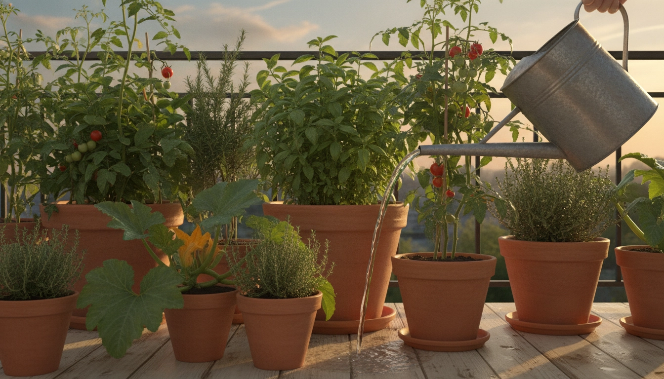 Balcon sud exposé en plein soleil en fin d'après-midi avec le meilleur moment arroser balcon soleil plein sud, montrant l'arrosage optimal des tomates et légumes à l'heure dorée