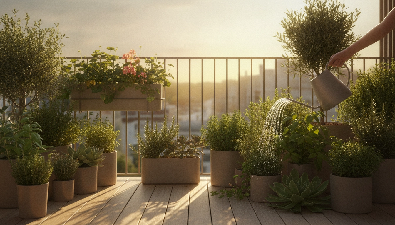 Balcon exposé en plein sud avec des pots de tomates et de légumes, illustrant le meilleur moment arroser balcon soleil plein sud en fin d'après-midi