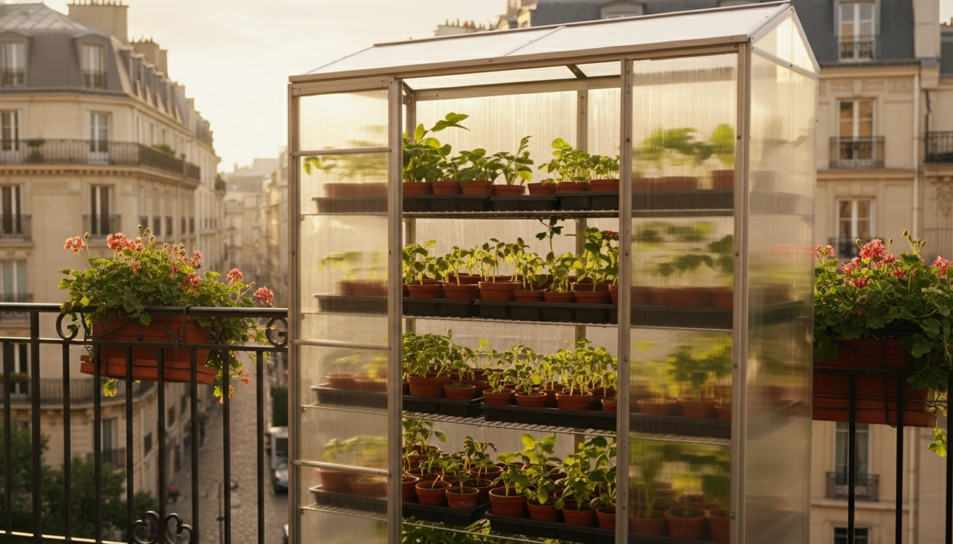 Mini serre balcon avec plusieurs étagères de semis en germination sur un balcon urbain ensoleillé