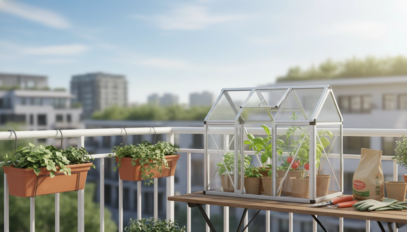 Mini serre balcon installée en milieu urbain avec des semis en cours de germination