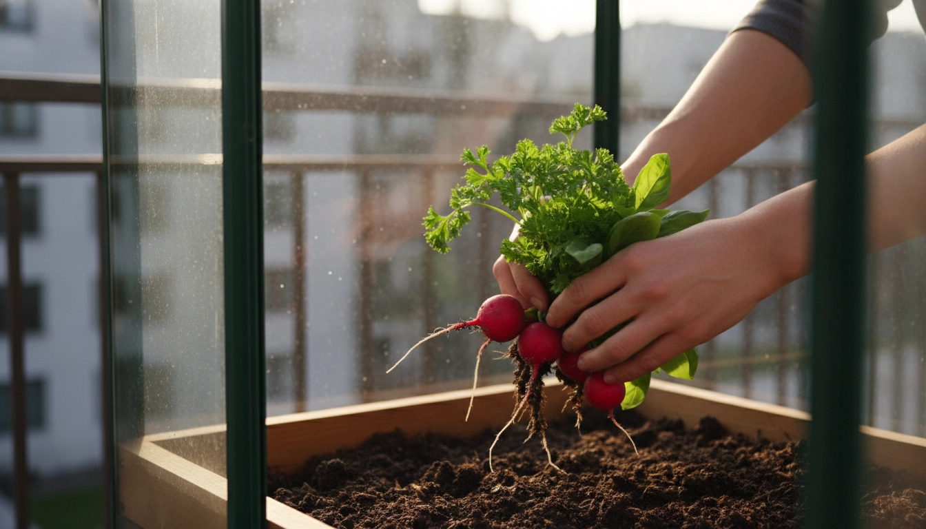 Récolte de légumes frais dans une mini serre de balcon.