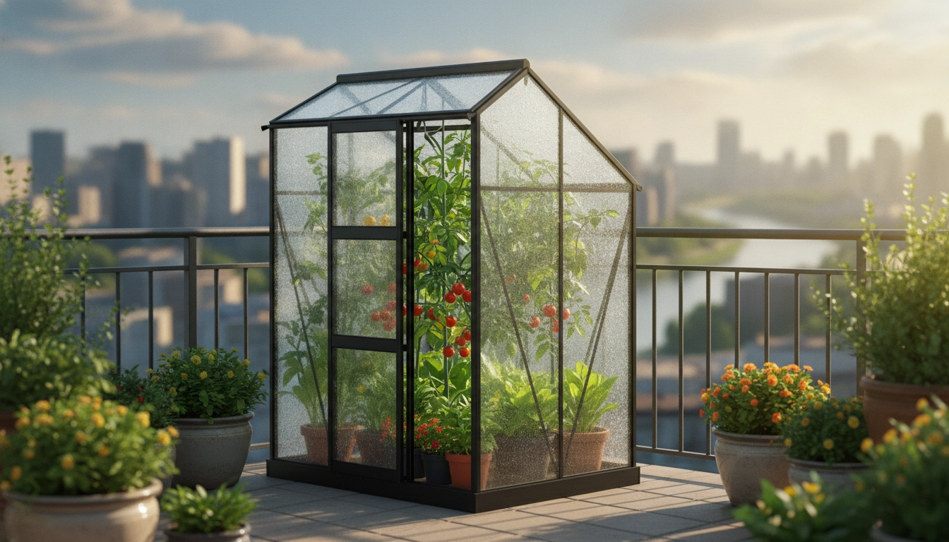 Une mini serre balcon quatre saisons pour le jardinage urbain sur un balcon moderne.
