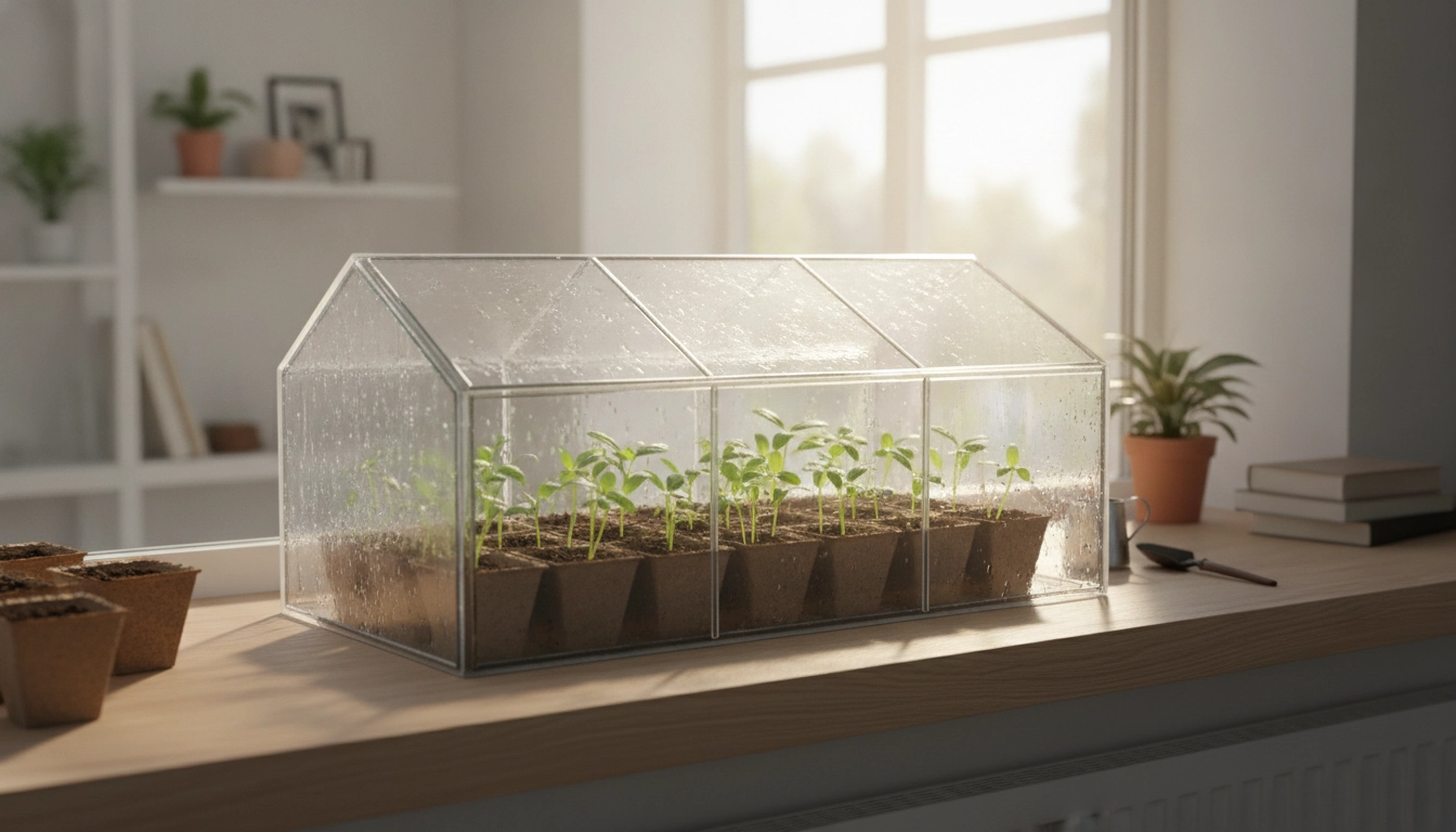 Une mini serre intérieure fait maison semis appartement balcon installée sur un rebord de fenêtre ensoleillé avec des jeunes pousses.