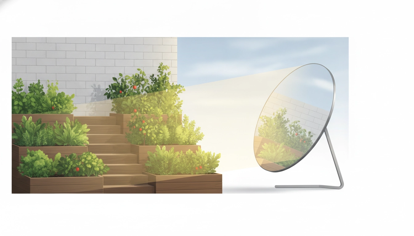 Balcon nord avec un miroir réfléchissant utilisé pour amplifier la lumière du potager, montrant comment utiliser miroir réfléchissant lumière balcon nord potager efficacement