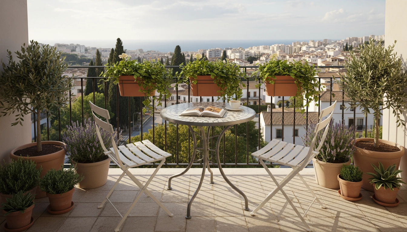 Mobilier balcon pliable en aluminium blanc avec table ronde et chaises bistrot sur petit balcon fleuri