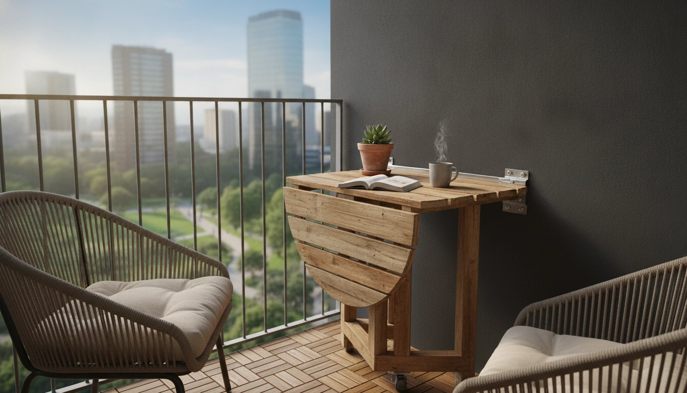 Un magnifique mobilier balcon pliable fait maison récupération installé sur un petit balcon ensoleillé.