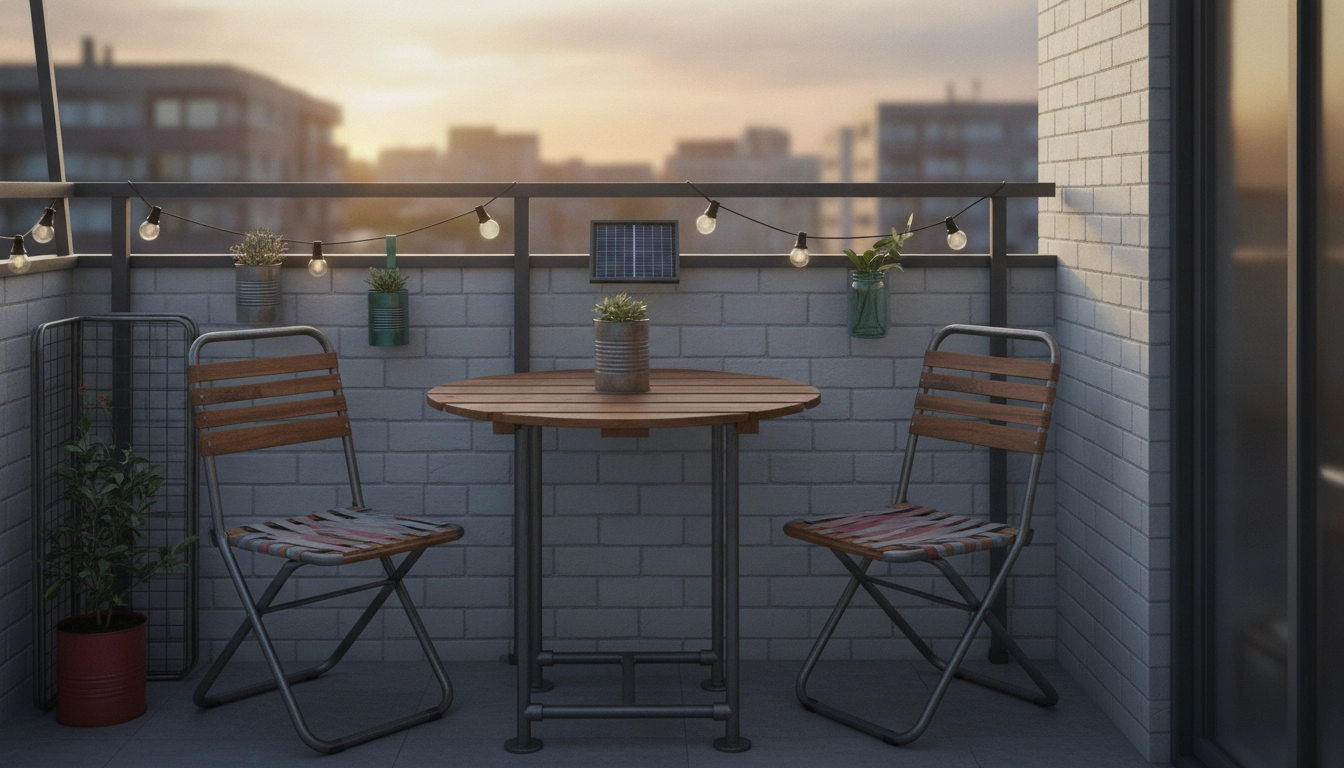Exemple de mobilier balcon pliable fait maison récupération installé sur une terrasse urbaine.