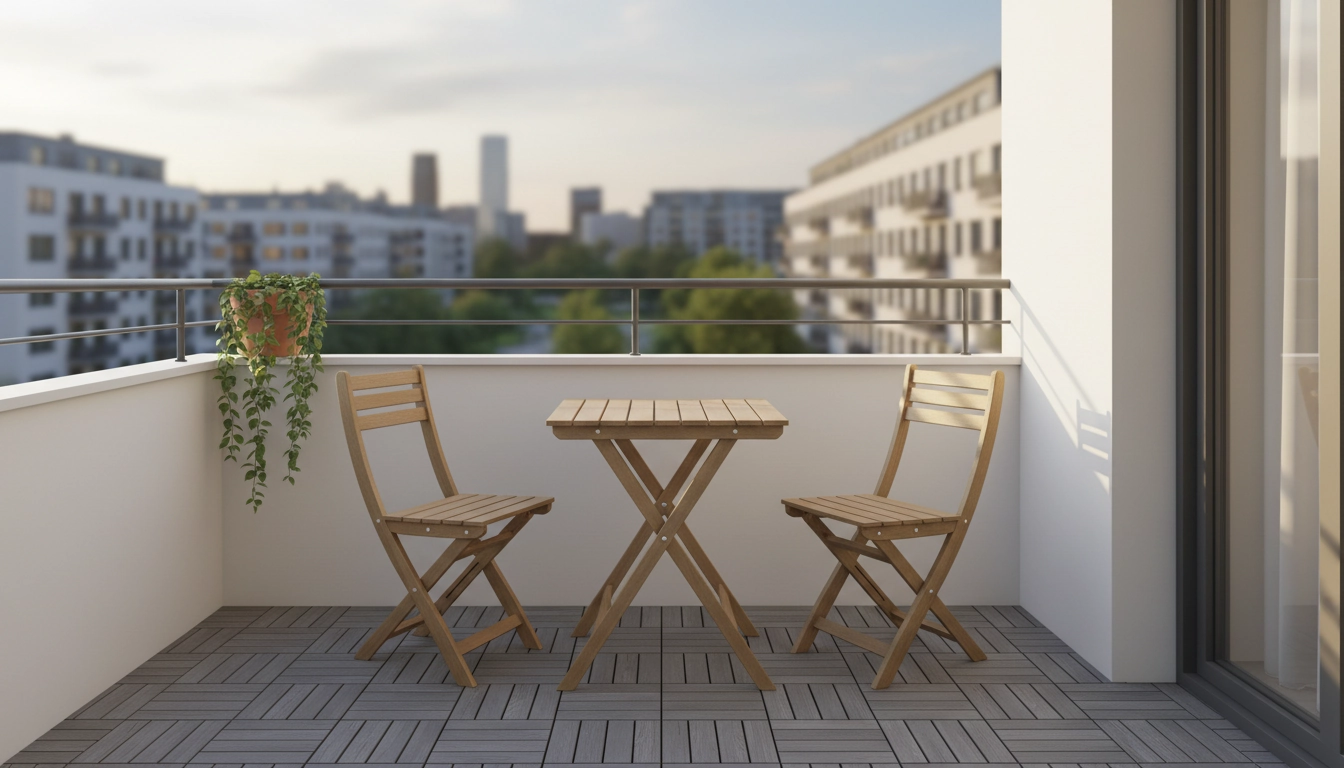 Petit balcon aménagé avec du mobilier balcon pliable en aluminium et des plantes vertes suspendues
