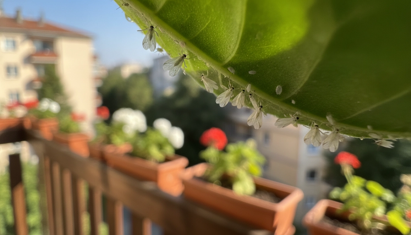 Observation des mouches blanches aleurodes plantes balcon appartement sur le revers des feuilles.