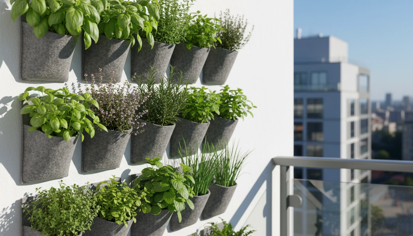 Mur végétal balcon avec plantes aromatiques comestibles : poches de feutre garnies de basilic, thym, romarin et menthe au soleil