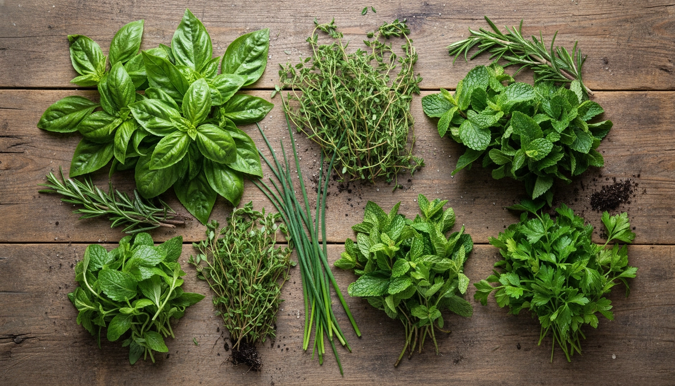 Récolte fraîche d'herbes aromatiques comestibles issues d'un mur végétal de balcon : basilic, thym, romarin, menthe et persil