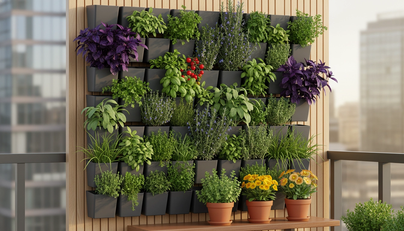 Mur végétal balcon avec plantes aromatiques comestibles : basilic, thym, menthe et romarin en poches de feutre