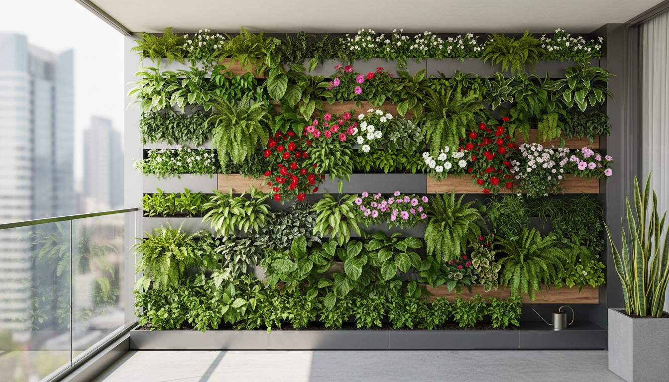 Mur végétal balcon luxuriant avec fougères, lierre et impatiens colorées sur balcon urbain