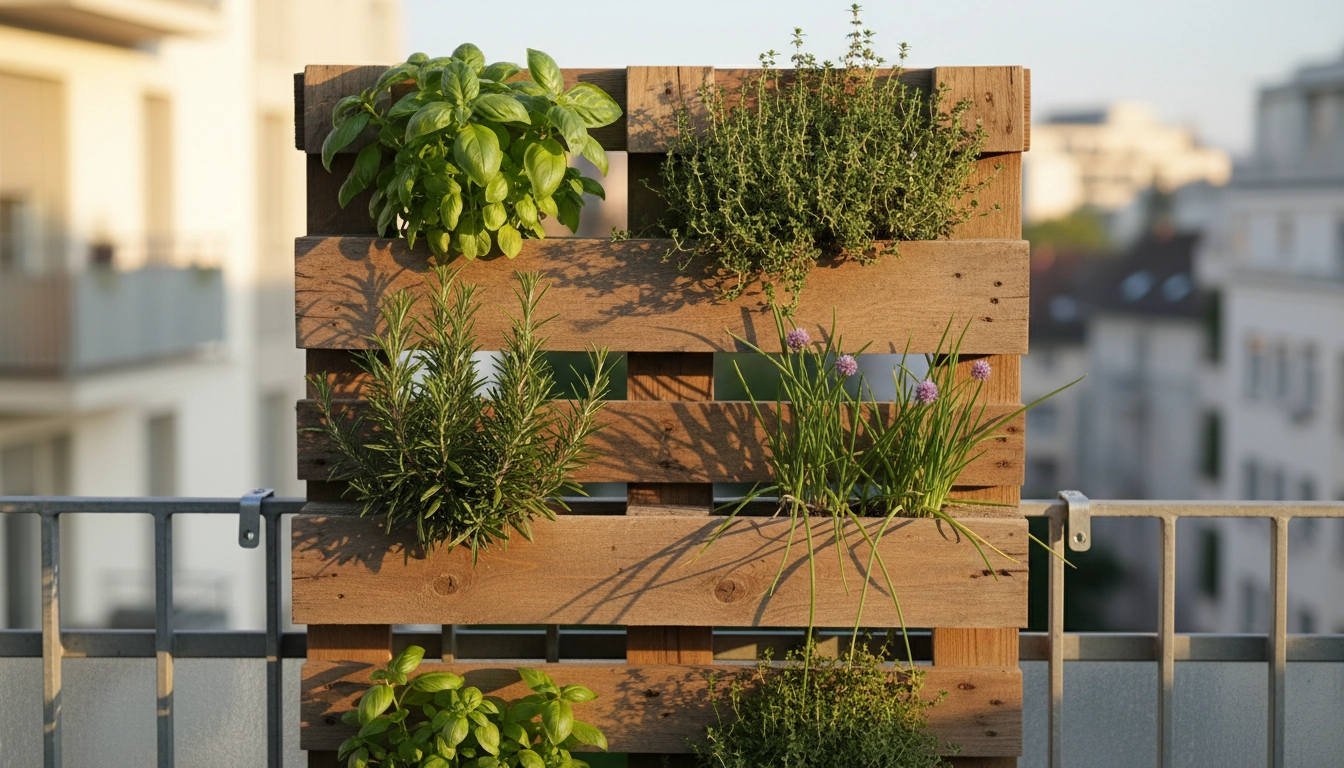 Fabrication d'un mur végétal de balcon avec palette recyclée plantée d'herbes aromatiques