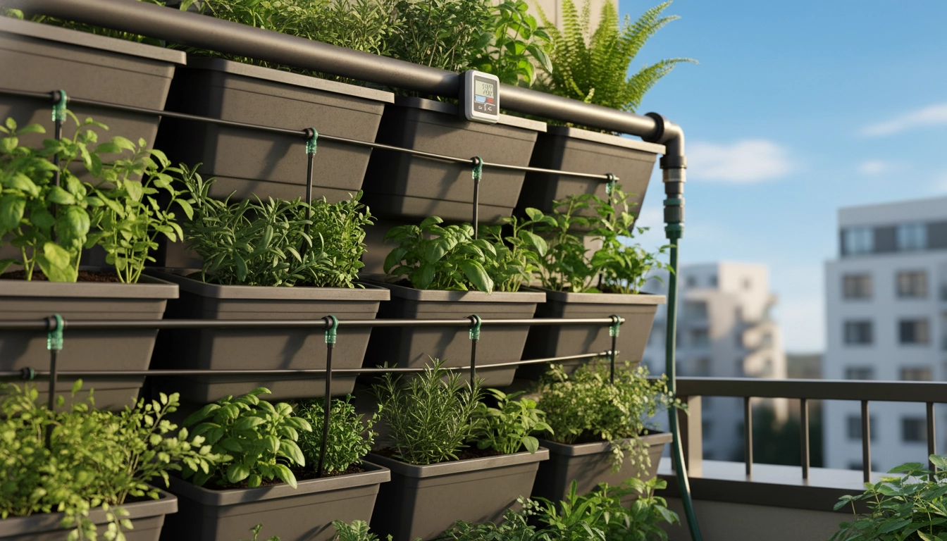 Système d'arrosage automatique goutte-à-goutte installé sur un mur végétal de balcon fait maison