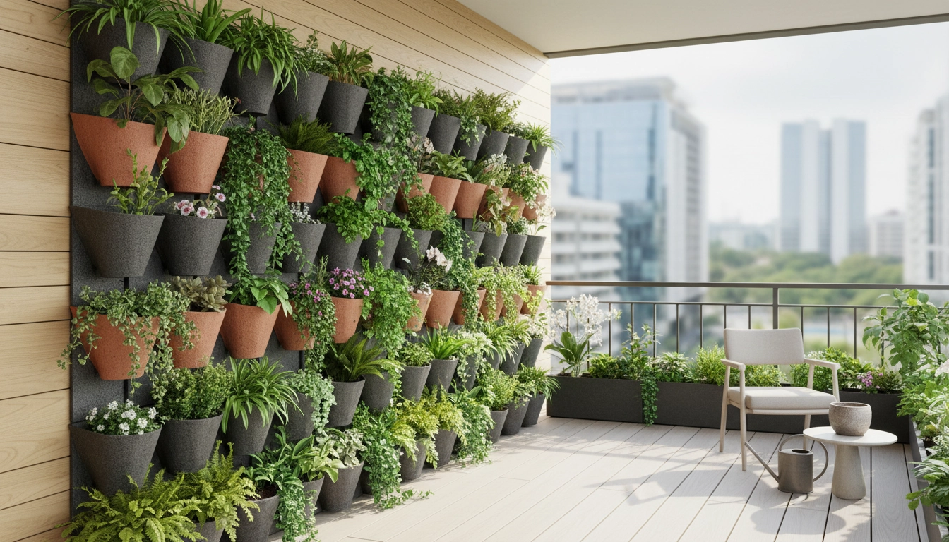 Mur végétal balcon luxuriant avec plantes variées et système d'arrosage intégré sur un balcon en appartement