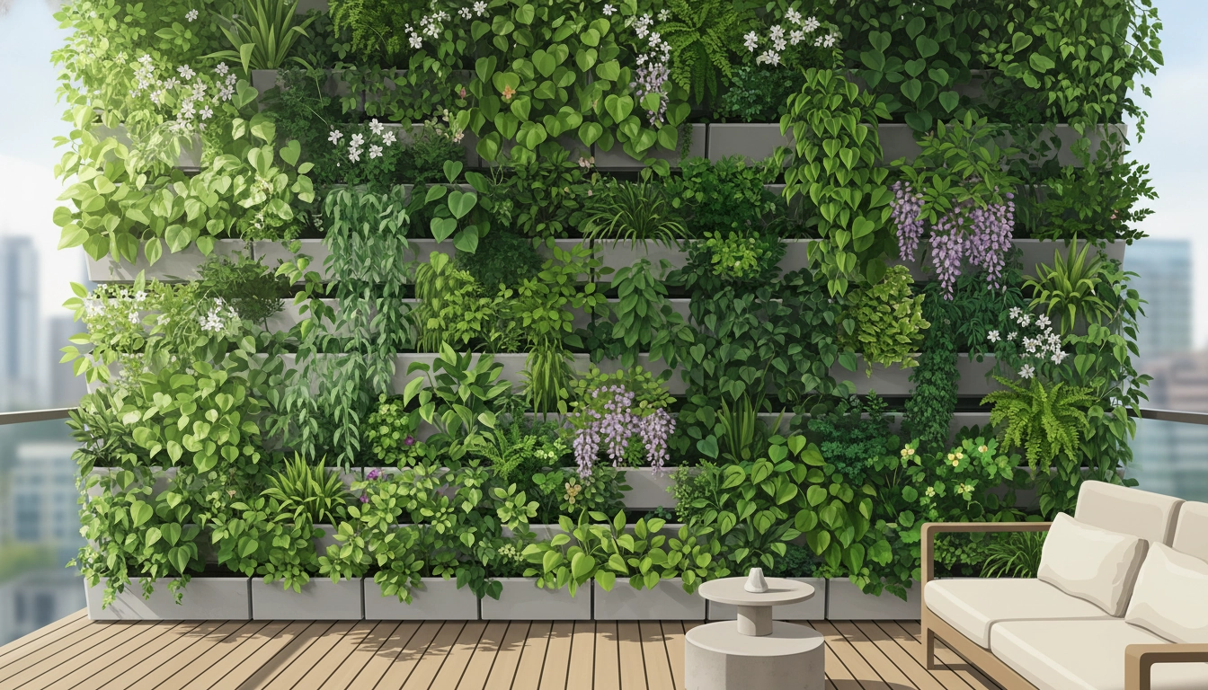 Un aménagement réussi pour créer mur végétal intimité balcon facile avec un magnifique treillis en bois garni de plantes grimpantes denses.