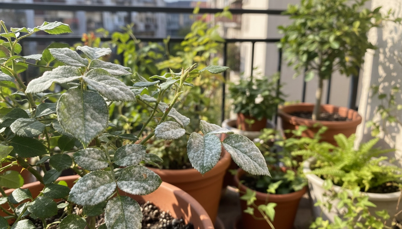 Oïdium plantes balcon traitement naturel : feuilles de rosier en pot recouvertes de poudre blanche sur un balcon ensoleillé