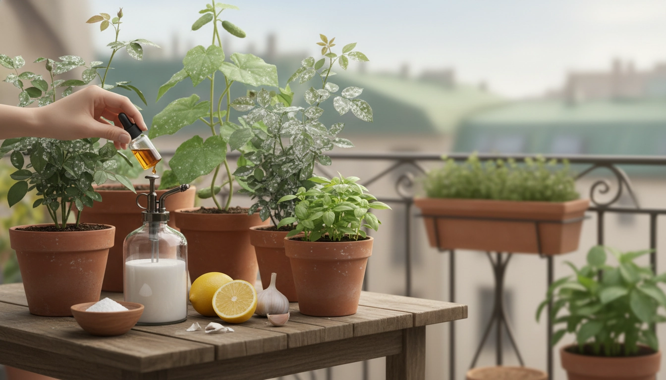 Plante de balcon atteinte par l'oïdium avec feuilles recouvertes de poudre blanche