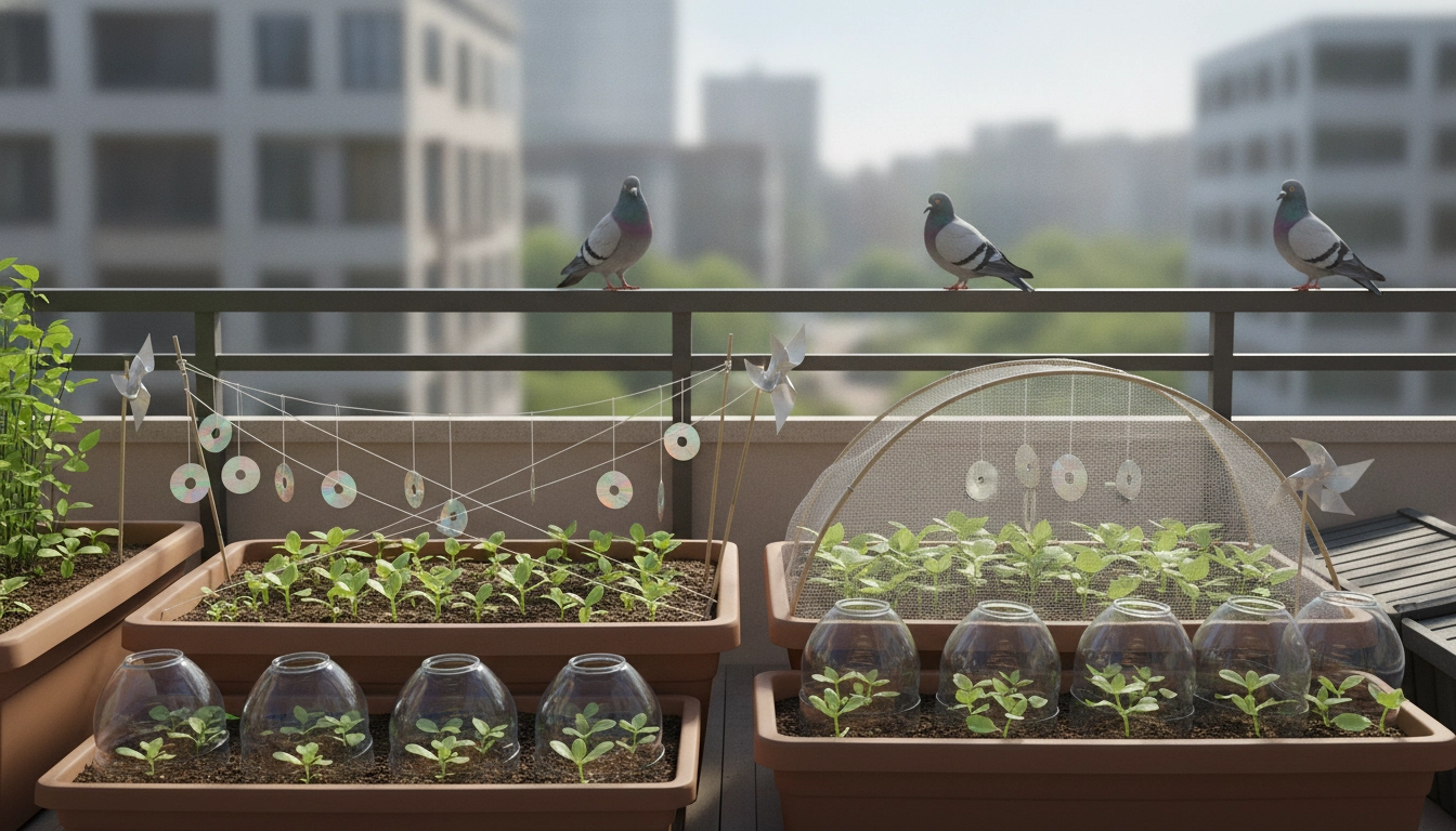 Un potager urbain sécurisé où les oiseaux pigeons mangent semis balcon protéger n'est plus un problème grâce à un filet discret.