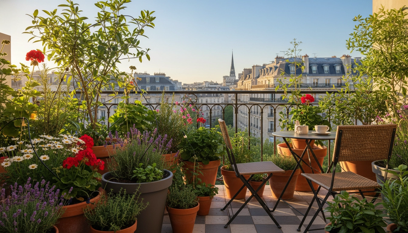 Balcon urbain fleuri avec différents types de pots pour optimiser l'arrosage des plantes de balcon et économiser l'eau en milieu urbain