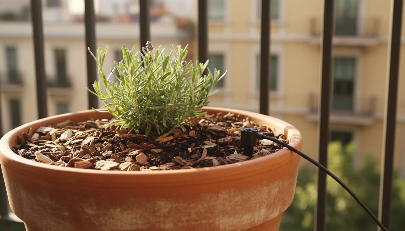Technique de paillage dans un pot de balcon pour réduire l'évaporation et optimiser arrosage plantes balcon économiser eau milieu urbain