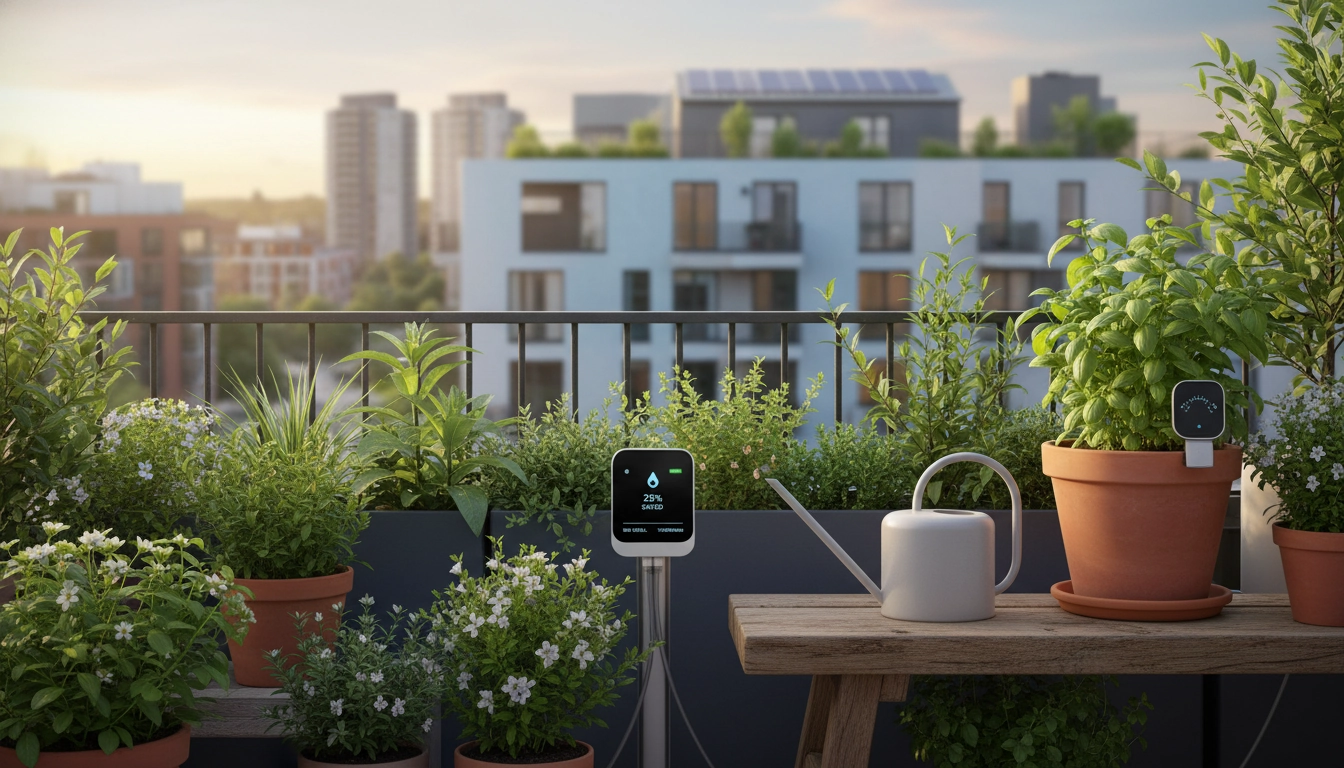 Balcon urbain fleuri avec système de goutte-à-goutte pour optimiser l'arrosage des plantes et économiser l'eau en milieu urbain