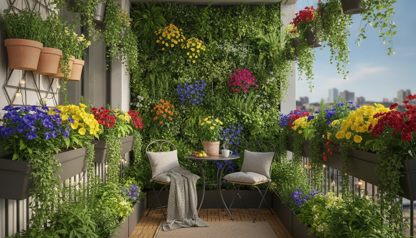 Aménagement pour optimiser espace balcon étroit jardinières suspendues fleurs légumes