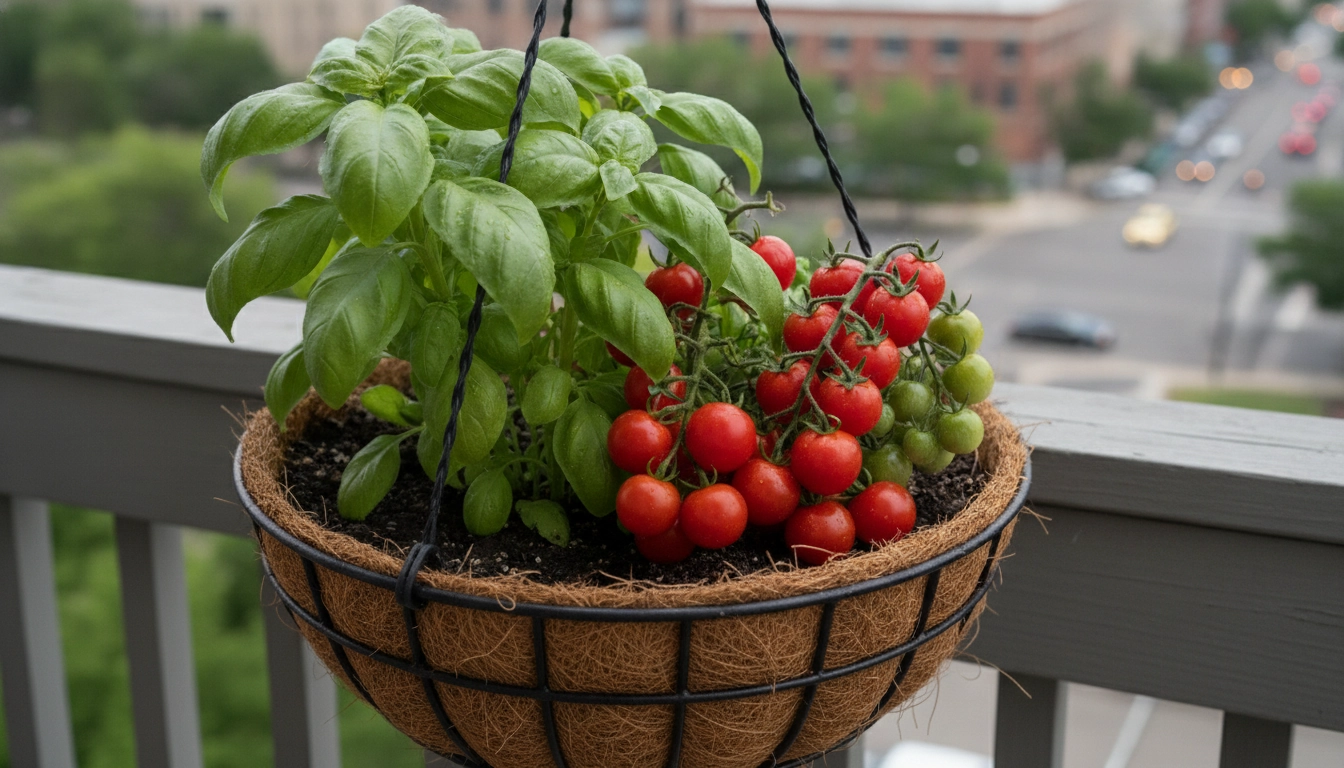Plantes aromatiques et légumes dans des jardinières suspendues
