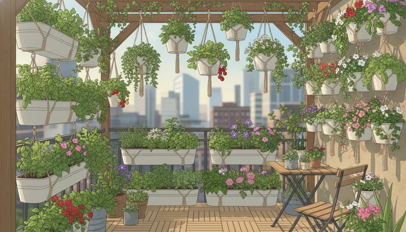 Aménagement réussi pour optimiser espace balcon étroit jardinières suspendues fleurs légumes