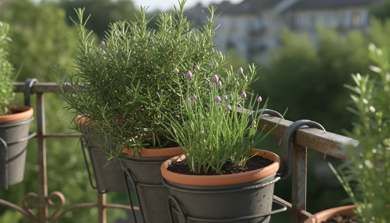 Détail de plantes aromatiques dans des jardinières suspendues sur une rambarde de balcon.