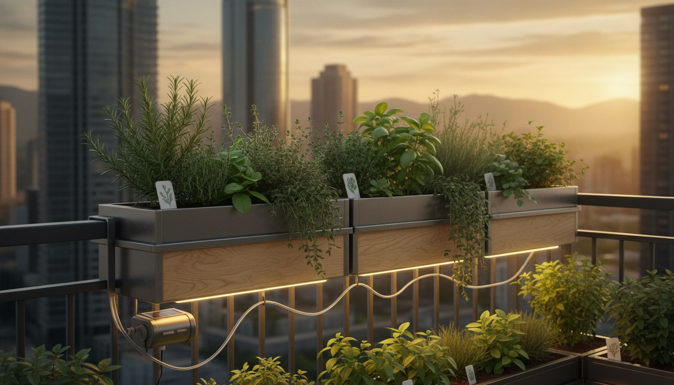 Jardinières colorées fixées sur une rambarde pour optimiser la rambarde de balcon pour planter des herbes aromatiques.