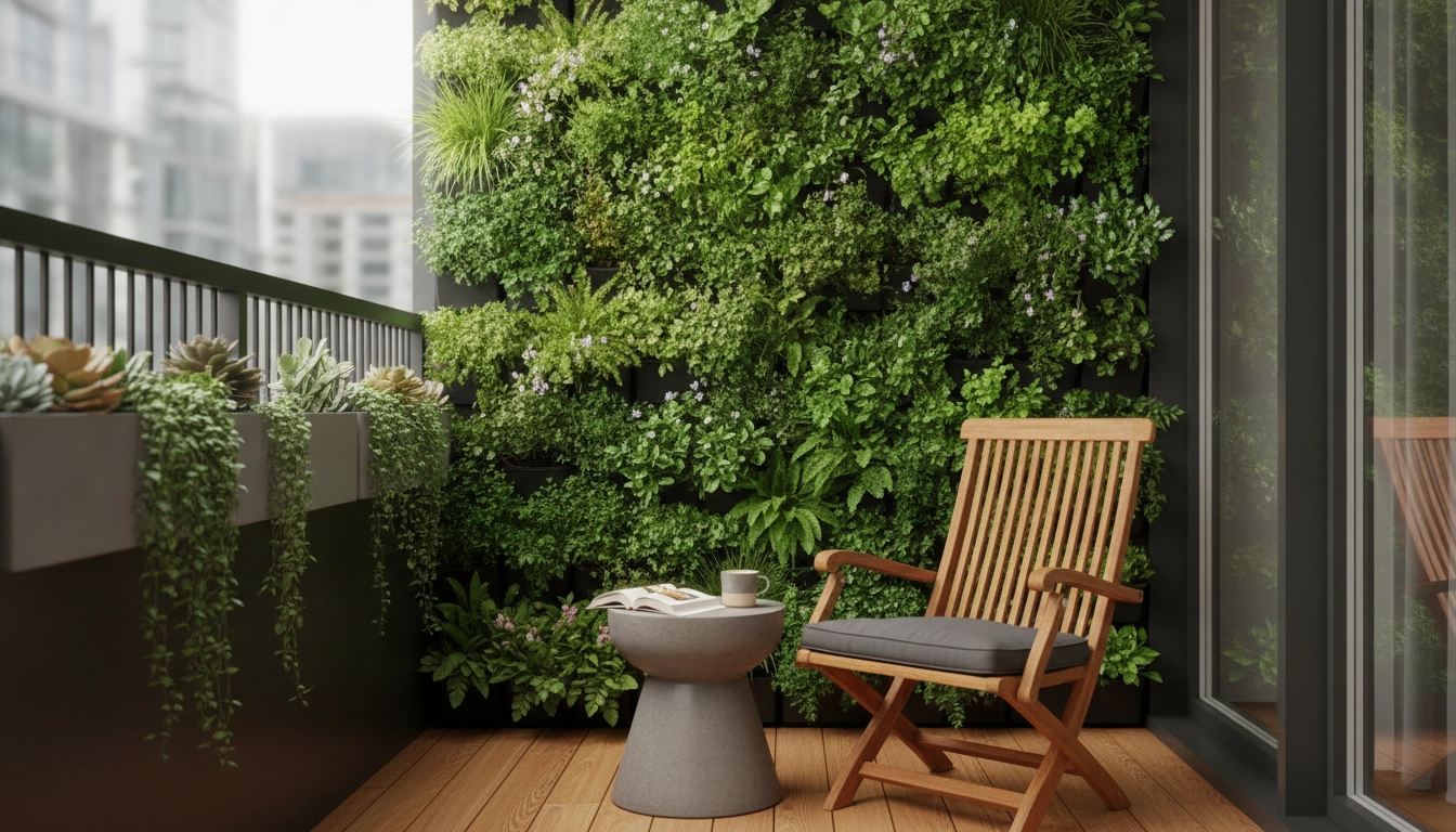 Détail d'un balcon organisé avec des plantes et du mobilier pliable pour un gain de place maximal.