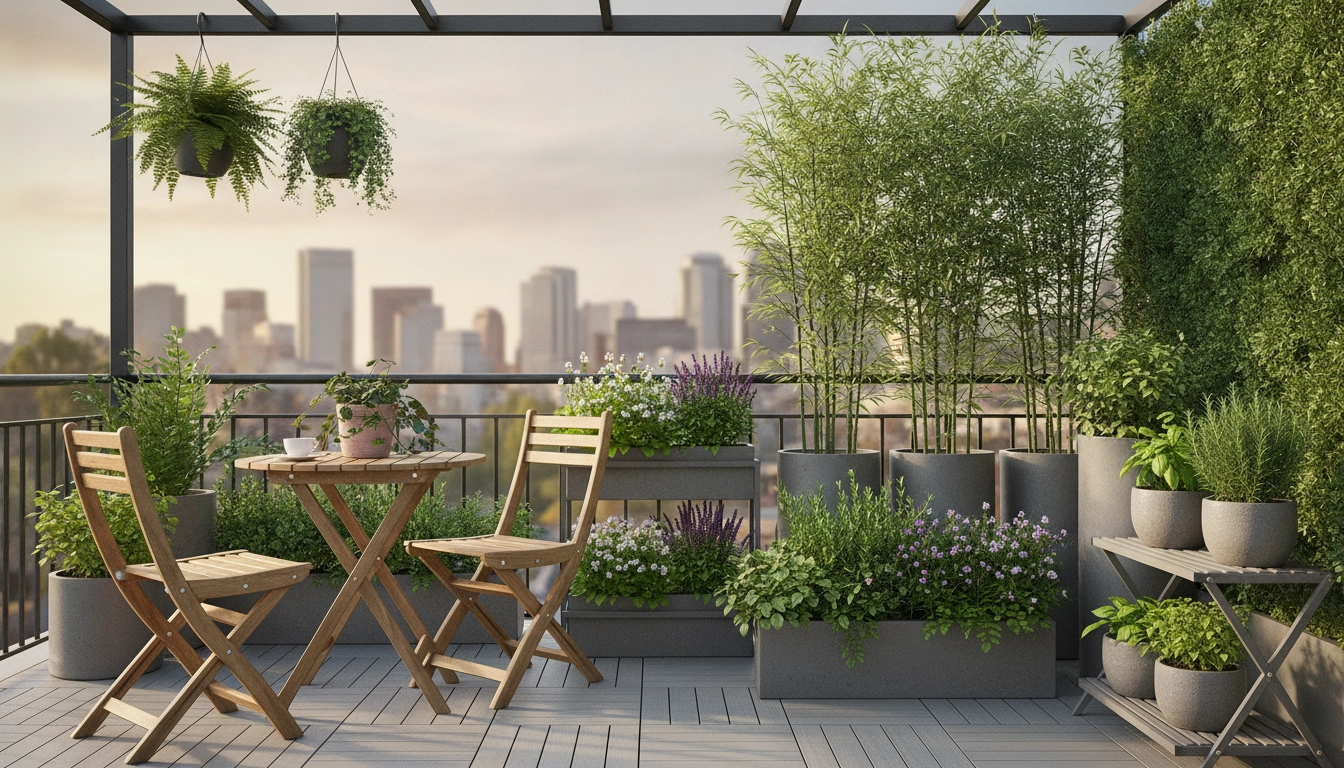 Un balcon urbain élégant avec du mobilier pliable en métal et de nombreuses plantes, illustrant comment organiser balcon jardin mobilier pliable plantes espace.