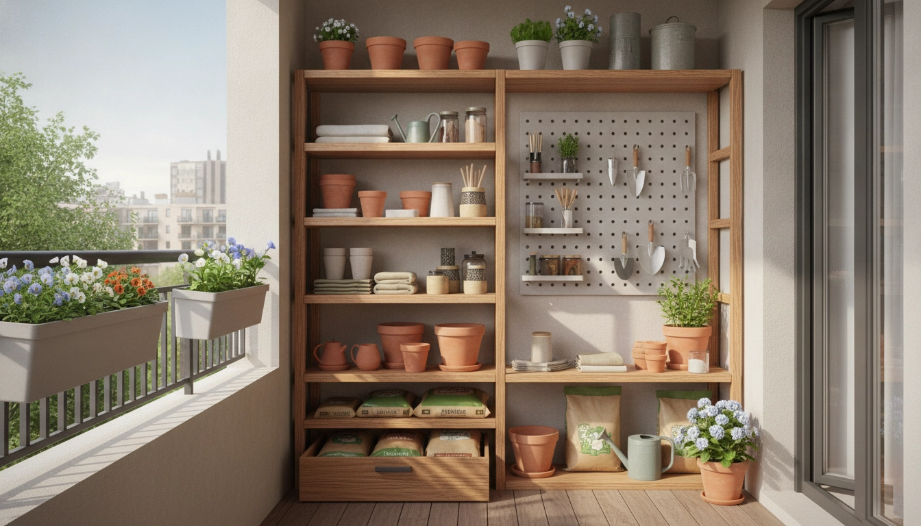 Aménagement harmonieux pour organiser produits jardinage balcon sans encombrer