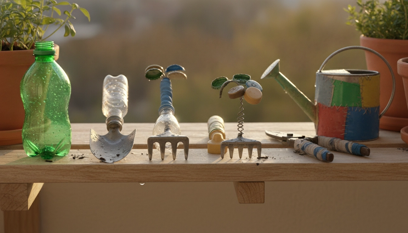 Collection d'outils de jardinage DIY fabriqués avec des objets du quotidien sur un balcon
