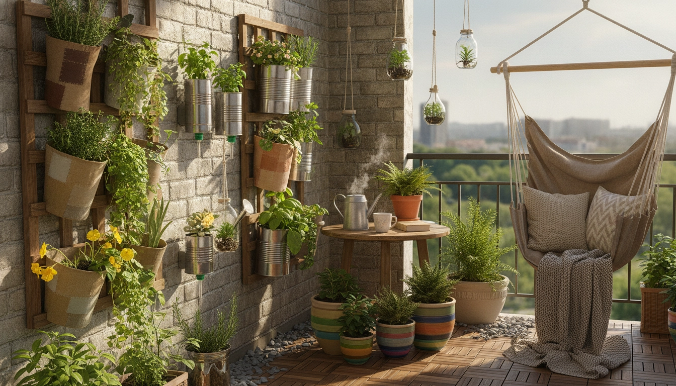 Aménagement de balcon avec des contenants issus d'outils de jardinage DIY fabriqués avec des objets du quotidien