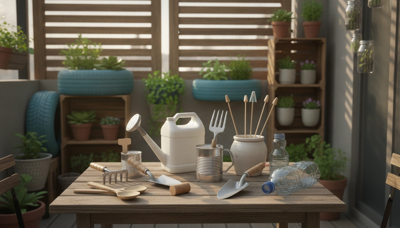Exemple d'outils de jardinage DIY fabriqués avec des objets du quotidien sur un balcon