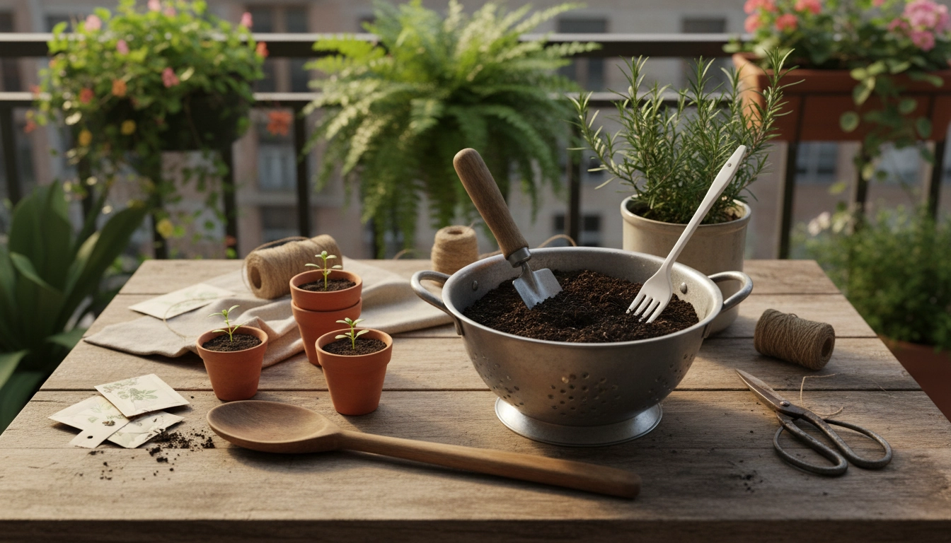 Collection d'outils jardinage récup fabriqués à partir d'ustensiles de cuisine recyclés sur une table en bois