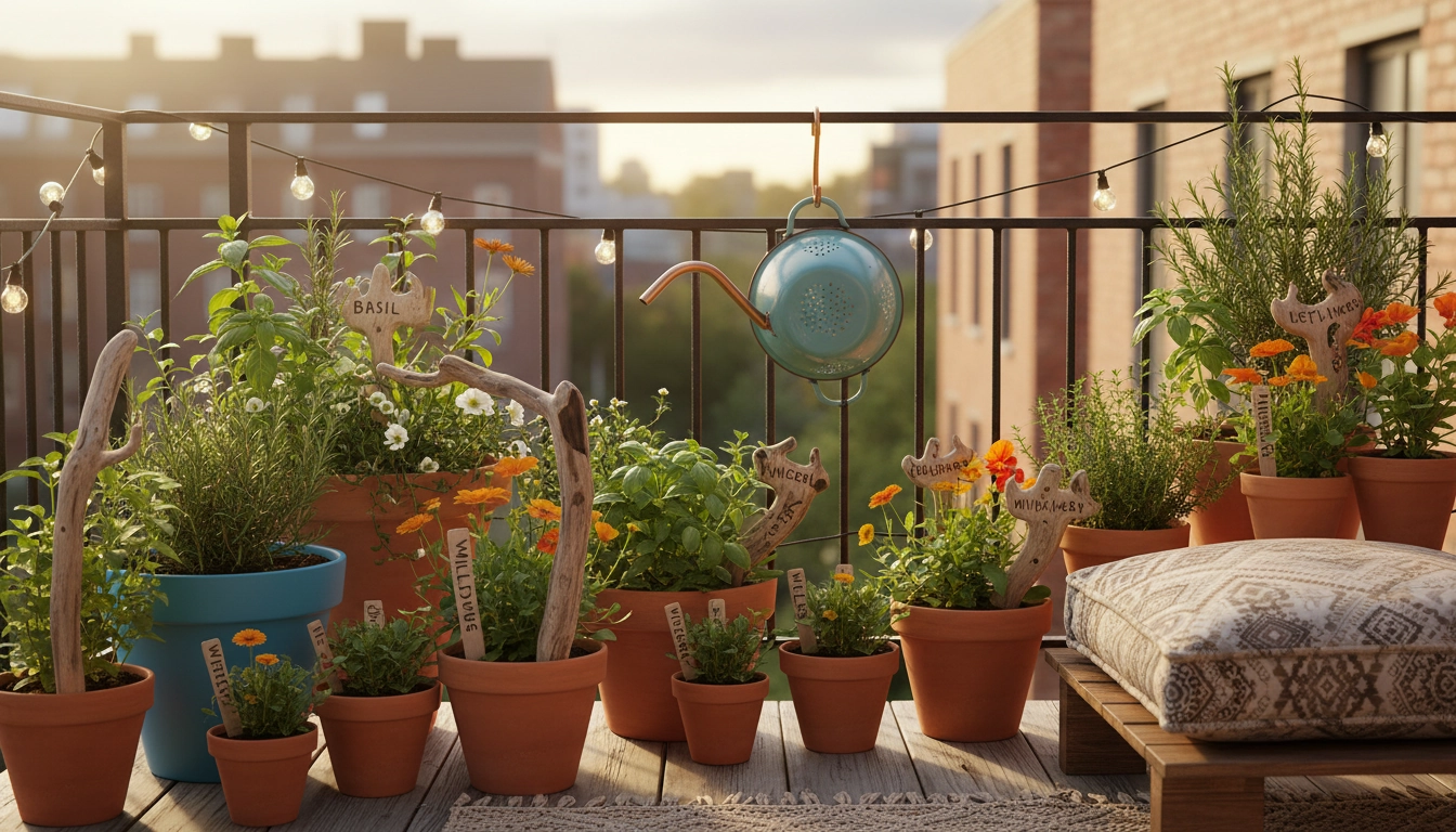 Balcon urbain avec des outils jardinage récup DIY incluant des étiquettes en bois flotté et un arrosoir passoire recyclée