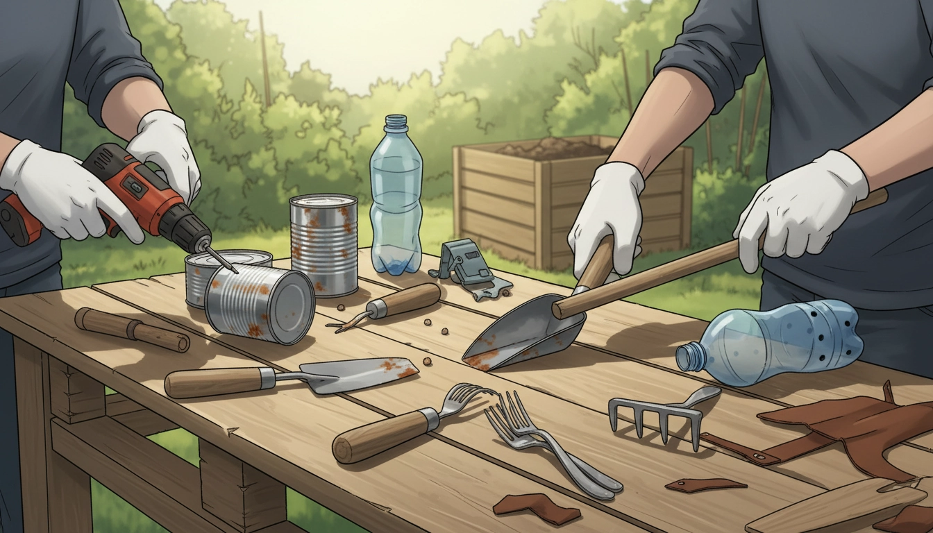 Outils jardinage récup artisanaux posés sur une table en bois avec des plantes en pot sur un balcon urbain