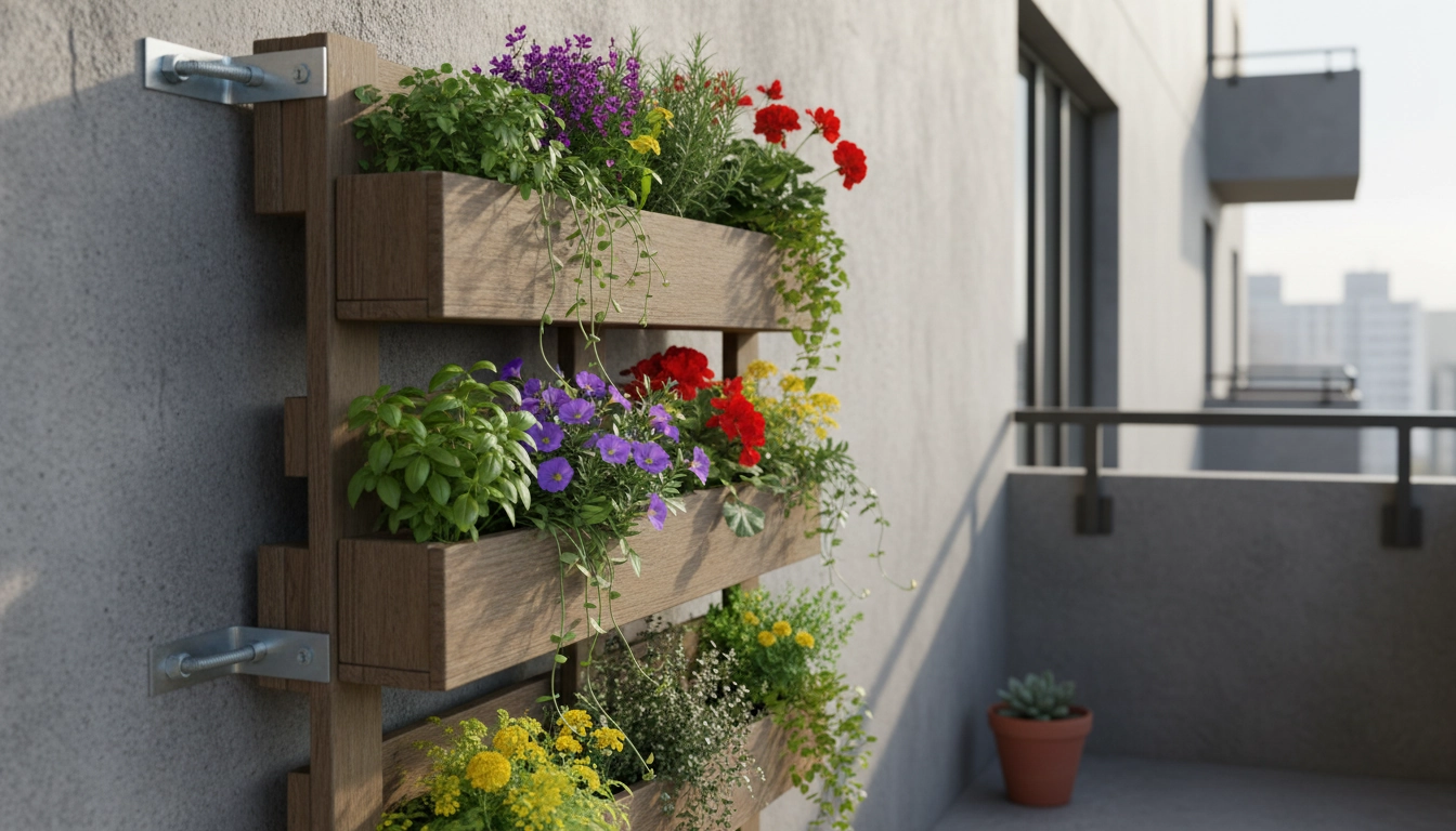 Palette jardin vertical résistance poids mur balcon — fixation par équerres acier sur béton