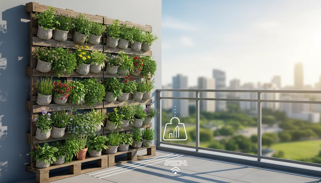 Palette jardin vertical fixée sur un mur de balcon avec des plantes aromatiques en pleine croissance