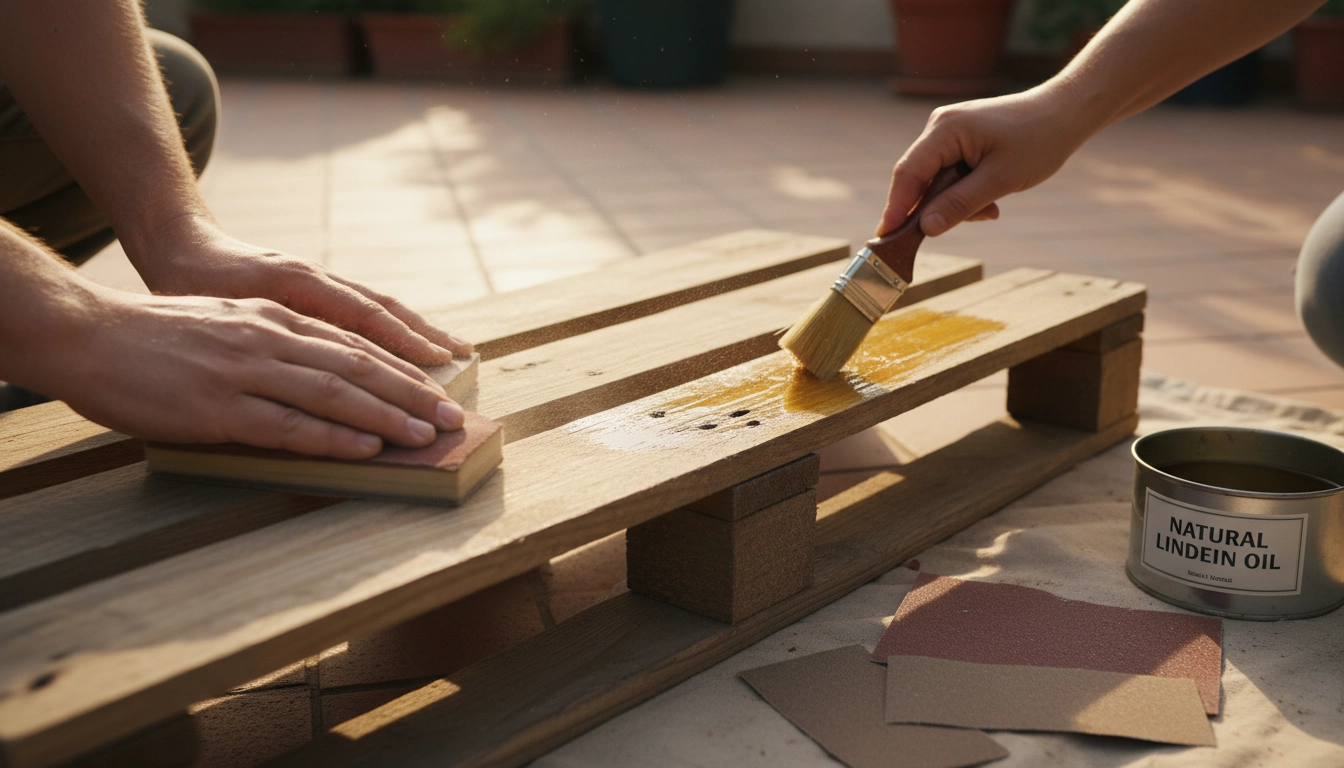 Préparation d'une palette en bois pour créer un jardin vertical sur balcon : ponçage et traitement à l'huile de lin